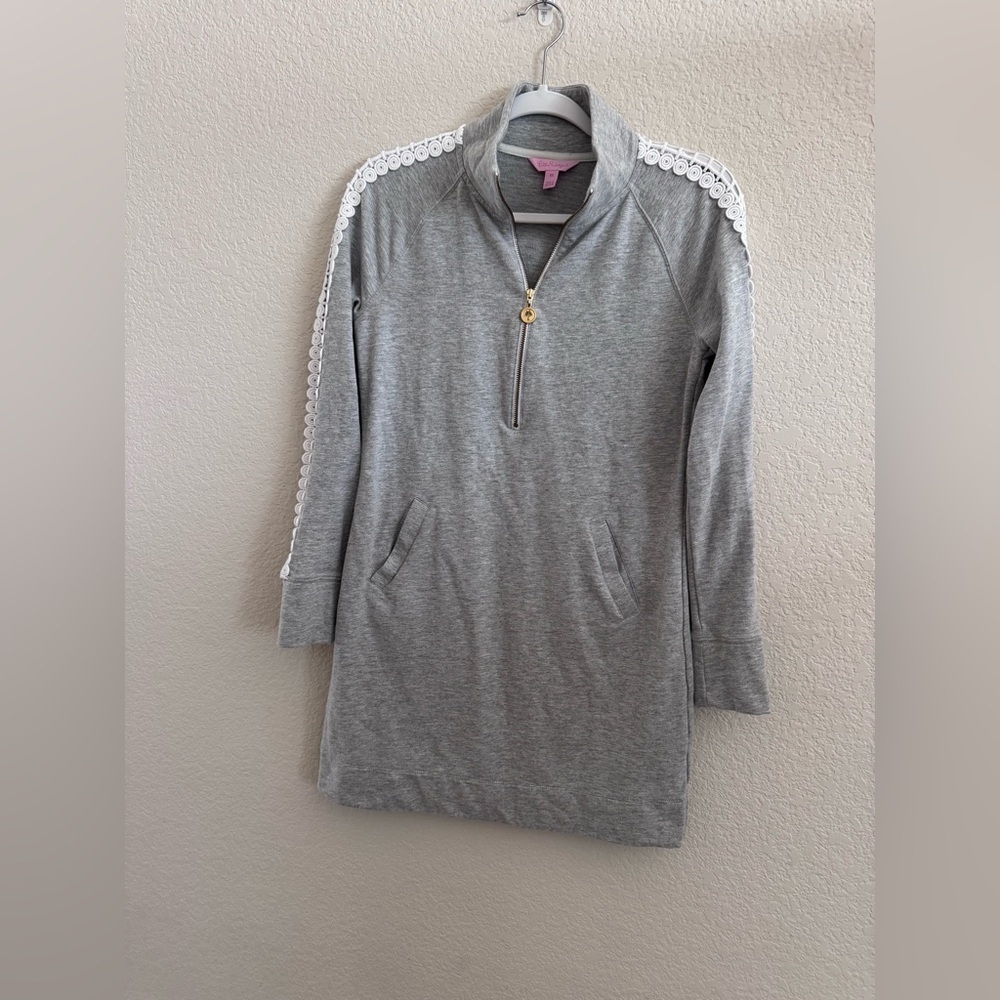 Lilly Pulitzer Skipper Solid Popover Dress Heathered Seaside Grey Lace Size XS - Picture 2 of 15